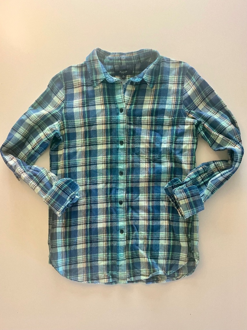 Madewell Spring Green and Blue Plaid Cotton Flannel